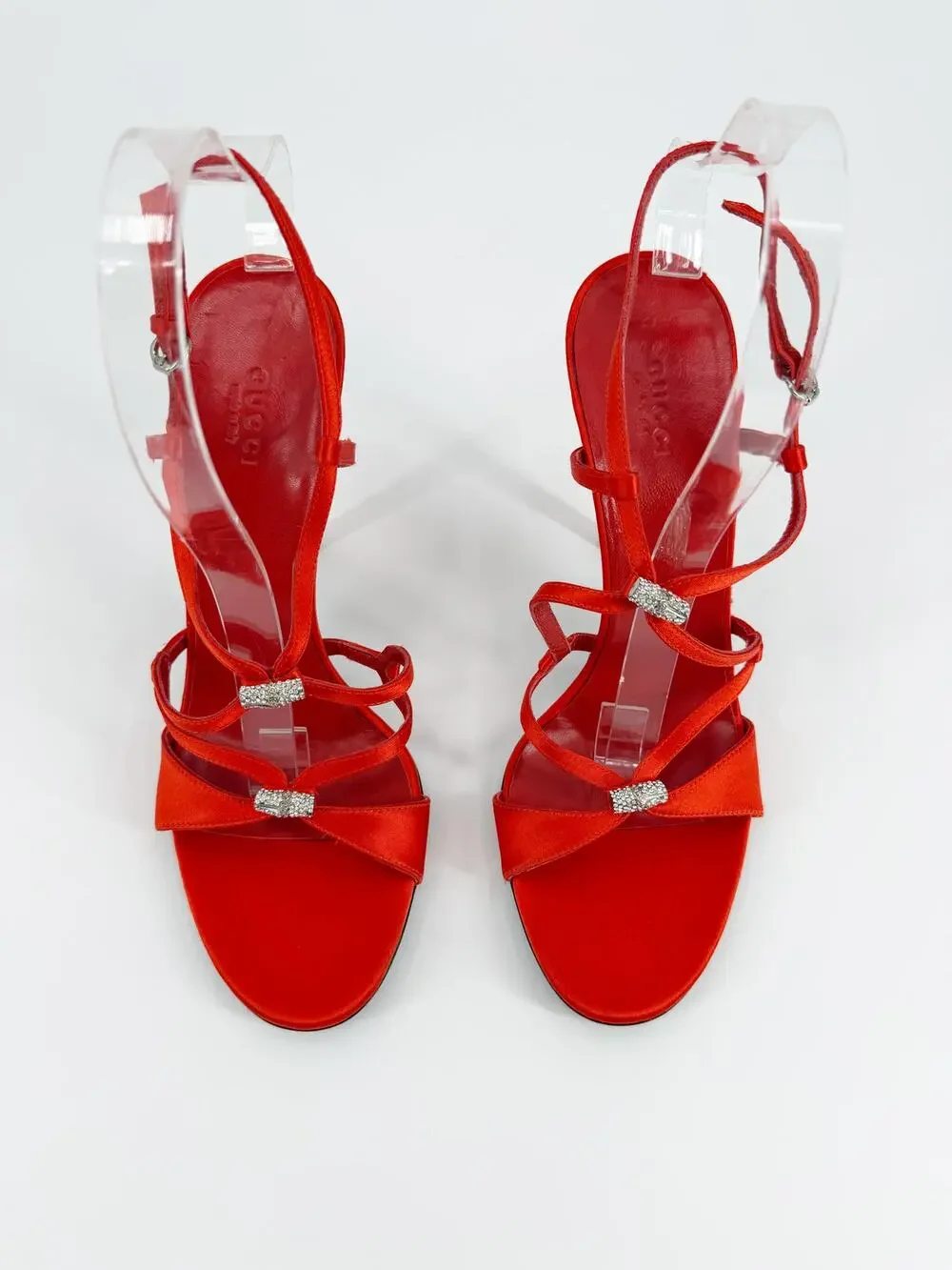 Gucci Red Satin Crystal Embellished Slingback Strappy Stiletto Sandals 8.5 38.5